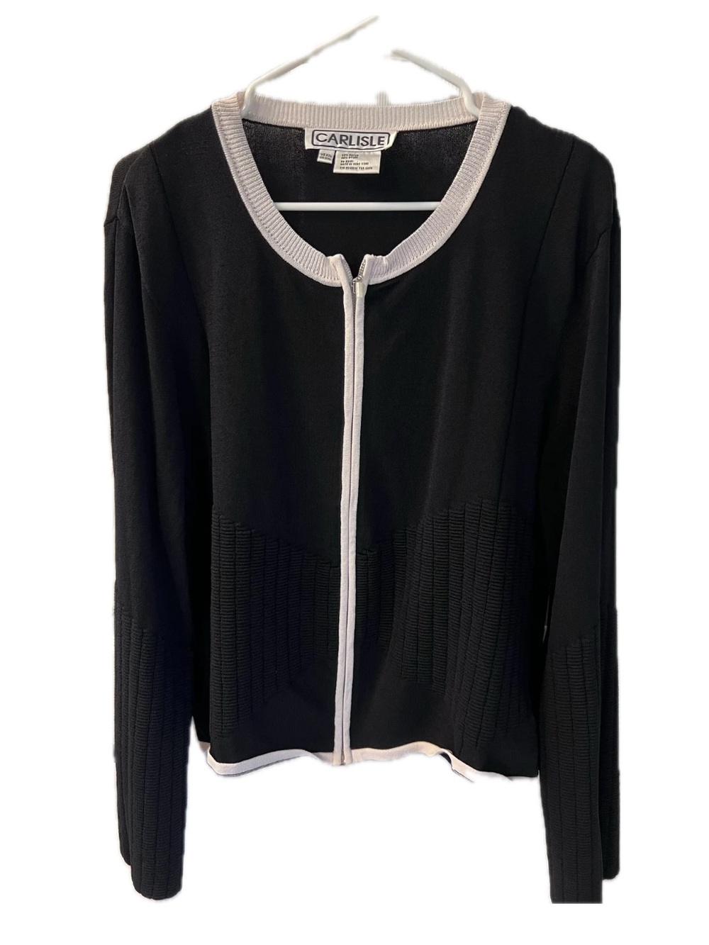 Carlisle Black Cardigan with White Trim Zip Front